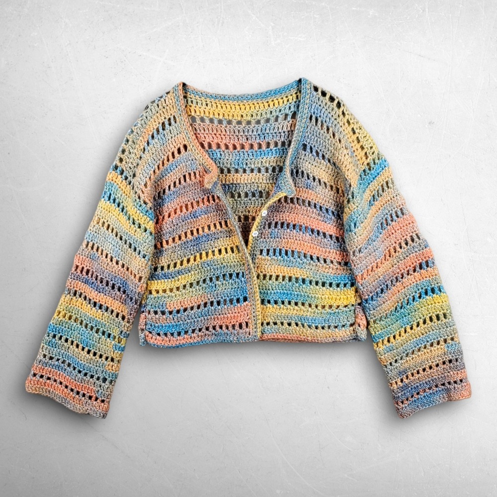 Cottagecore Womens Crochet Open Knit Cropped Cardigan M Pastel Fairycore Boho